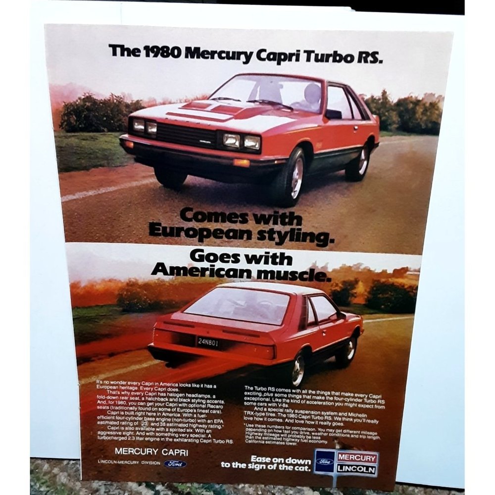 1979 1980 Ford Mercury Capri Turbo RS Foxbody Car Print Ad vintage 70s